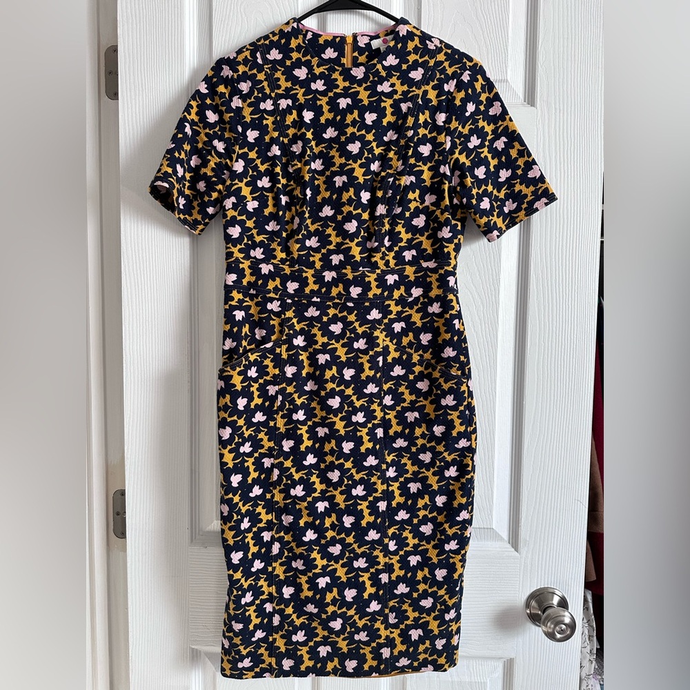 Boden Midi Sheath Dress with light Pink & navy blue Floral Print on yellow.